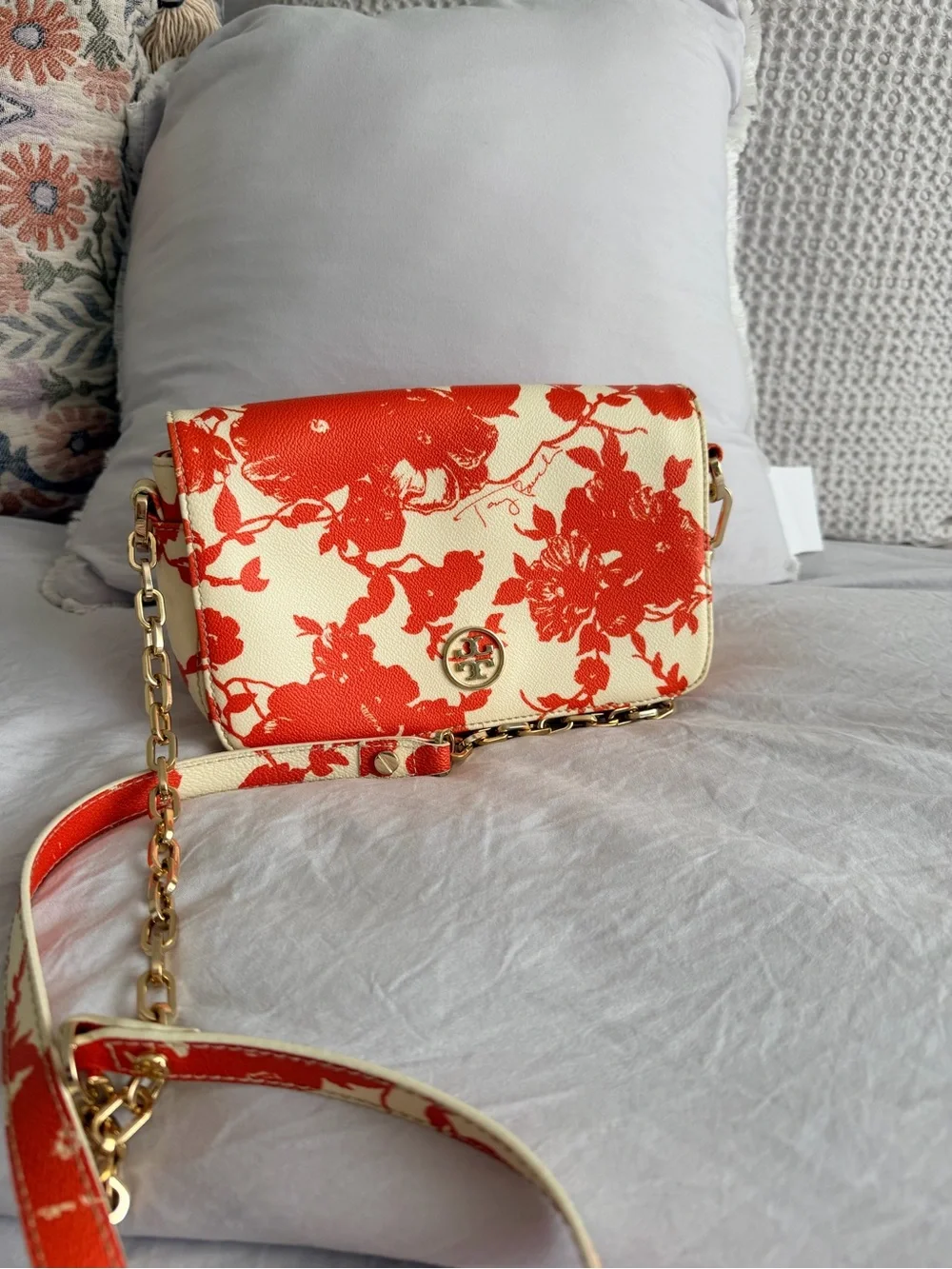 Tory Burch Cream and Orange Floral Chain Crossbody